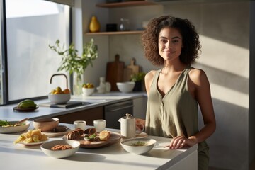 Obraz na płótnie Canvas Happy woman in modern kitchen with breakfast at apartment.