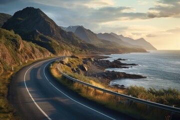 View of road by the sea with mountain in sunrise time in background.