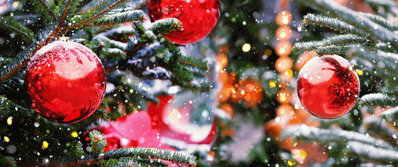 Christmas and new year holidays background. glass red balls and bright decorations on snowy Christmas tree outdoor. festive winter season concept. copy space. template for design