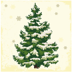 Green spruce in snow in retro style