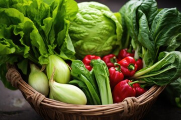 a pile of green and red vegetables in a basket
