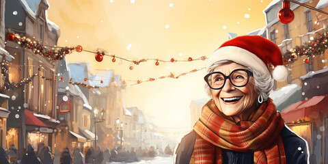 Happy senior woman in winter clothes and santa hat at Christmas city street background. Winter holidays. Older people leading an active and fulfilling life. Illustration. Copy space for text