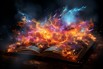 magic knowledge book with star dust. Open book colorful