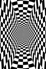 Abstract Black and White Pattern with Tunnel. Contrasty Optical Psychedelic Illusion. Smooth Checkered Spiral and Chessboard in Perspective. Raster. 3D Illustration