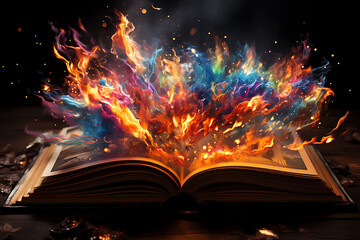 magic knowledge book with star dust. open book colorful