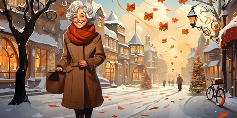 Senior woman in winter clothes at Christmas city street background. Winter and New Year holidays concept. Older people leading an active and fulfilling life.Illustration. Copy space