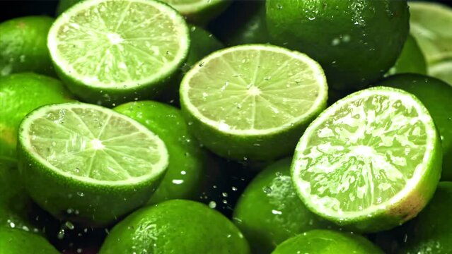 Drops of water fall on a cut lime. Filmed on a high-speed camera at 1000 fps. High quality FullHD footage