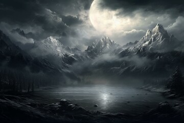 Stunning scenic depiction of serene mountains in shades of gray. Generative AI
