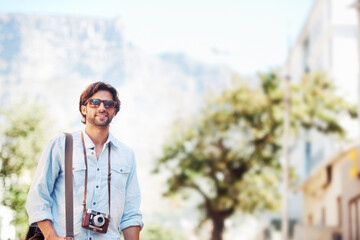 Photographer, happy man or tourist on holiday, vacation or trip for a fun adventure in Italy with sunglasses. Summer mockup space, travel or person for camera or freedom sightseeing in nature journey