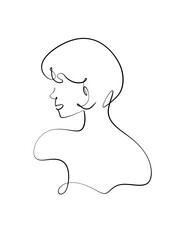 A Portrait of a woman is drawn in one line style. Face expression. Printable art.