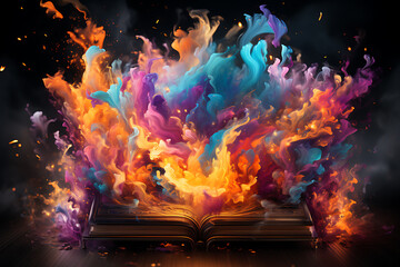 magic knowledge book with star dust. Open book colorful