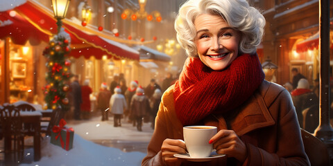 Senior woman in winter clothes holding a cup of hot drink to keep warm at Christmas city street background. Illustration banner with copy space