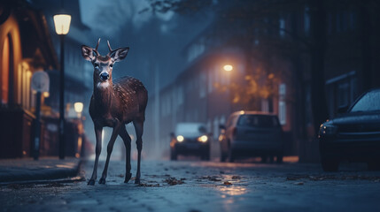 Deer standing in the middle of the road illuminated by the car headlights Danger of hitting deer with a car