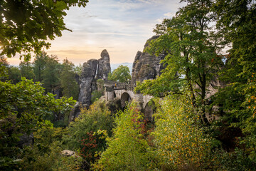 Fototapeta na wymiar The Bastei Bridge at Saxon Switzerland National Park, or Nationalpark Sächsische Schweiz