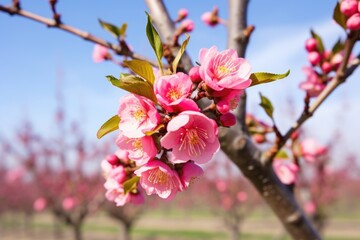 pink blossoms blooming on a peach tree in an orchard
