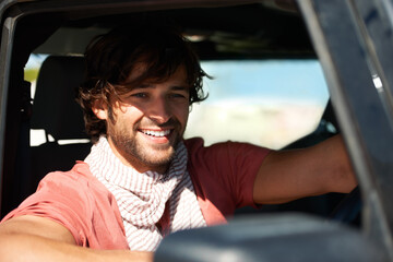 Smile, portrait and man in car on road trip with freedom, travel and desert adventure for summer vacation. Transport, holiday journey and happy driver in van with nature, sunshine and countryside.