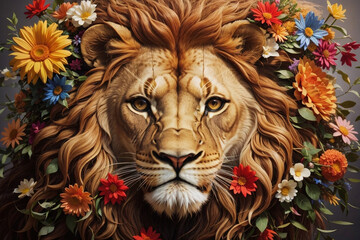 Fantasy Art of a Lion face portrait with flowers 