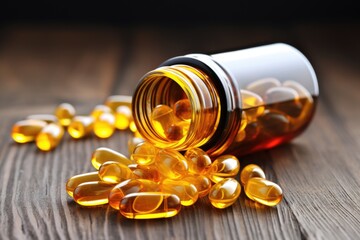 a glass bottle filled with fish oil capsules