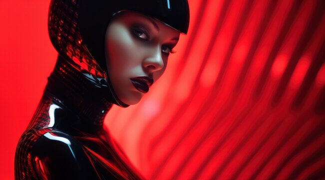 A mannequin turned doll in a red latex suit, embodies the fierce and daring world of high fashion with a touch of dark allure