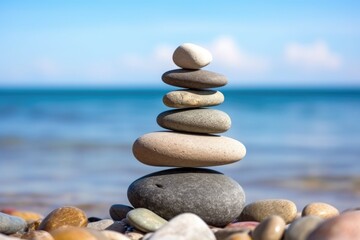 Fototapeta na wymiar stacked stones in perfect balance on pebble beach