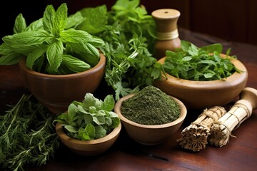 set of fresh herbs traditionally used for therapies