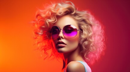 A fierce woman with curly locks dons stylish red sunglasses, her lips adorned with bold lipstick, adding an edge to her fashionable eyewear