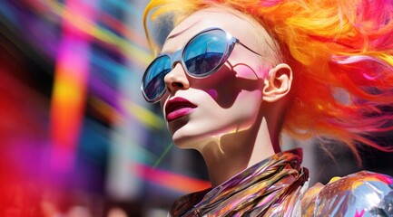 A vibrant woman with magenta hair and funky sunglasses stands outdoors, sporting a playful and daring look with her colorful eyewear