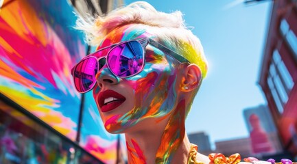 An eccentric street performer captivates passersby with her vibrant face paint and trendy sunglasses, adding a burst of color to the outdoor scene - obrazy, fototapety, plakaty
