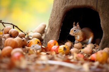 a squirrel hoarding acorns in a secretive spot