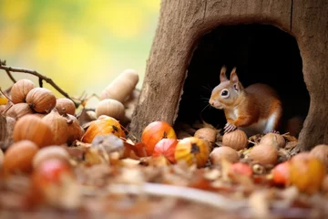 Cercles muraux Écureuil a squirrel hoarding acorns in a secretive spot
