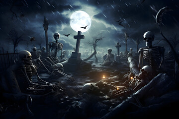Skeleton getting up from the graves in a graveyard at midnight with flying bats, dark clouds and full moon shining.