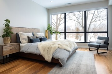 spacious bedroom with large windows