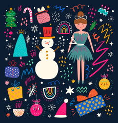 Christmas decorative collection with gifts,  ballerina and Snowman