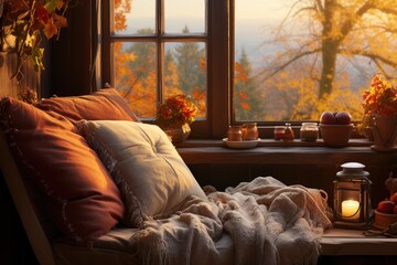 Cozy indoor setting with a window view of November's amber-hued landscape, bringing out the month's nostalgic charm - AI Generated