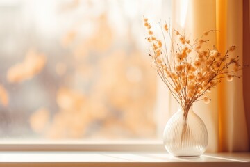 Cozy indoor setting with a window view of November's amber-hued landscape, bringing out the month's nostalgic charm - AI Generated