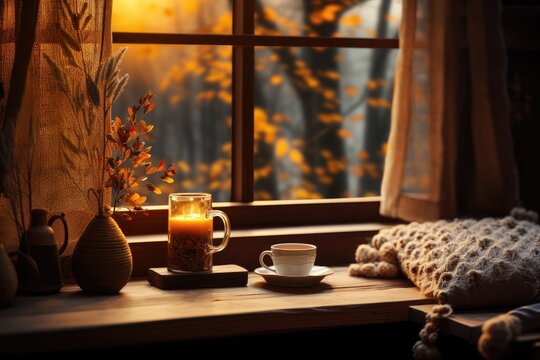 Fototapeta Cozy indoor setting with a window view of November's amber-hued landscape, bringing out the month's nostalgic charm - AI Generated