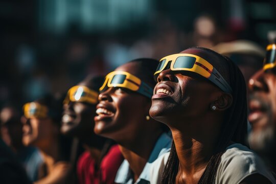 Group Of People Watching A Solar Eclipse With Protective Glasses - AI Generated