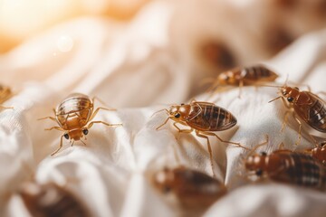 Bed bugs on fabric - macro shot - textile insects - AI Generated