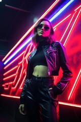 A fierce and mysterious woman adorned in a leather jacket and sunglasses poses confidently in front of a glowing magenta neon sign, exuding an air of effortless cool and hinting at a thrilling night 