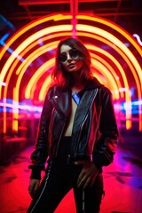 Fototapeta na wymiar A fierce and mysterious woman, clad in a red leather jacket and donning dark sunglasses, stands confidently under the neon lights of the night