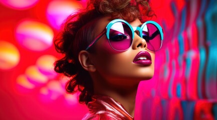 A bold and fashionable woman, with magenta lips and a sense of style, gazes confidently through her blue sunglasses, her eyewear serving as both protection and a statement piece, capturing the essenc