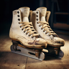 Retro skates stand on a wooden floor