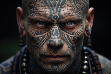 Man with intricate facial tattoos, portraying masculinity's varied and deep-seated roots - AI Generated