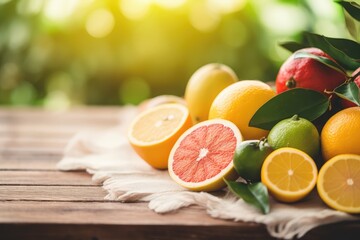 Fresh citrus fruits spread on a rustic table, illuminated by soft sunlight, natural sources of Vitamin C - AI Generated