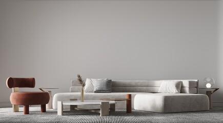White sofa and red chair and modern coffee table against white wall background. Scandinavian boho home interior design of modern living room. © teeraphan