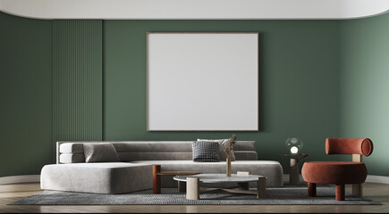 White sofa and marble coffee table against green wall with art poster. Scandinavian boho home interior design of modern living room.