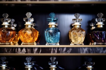 luxury perfume bottles placed artistically on a shelf
