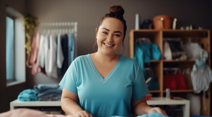 plump girl model plus size. Woman in the laundry room. cleaning woman. mom is on maternity leave - obrazy, fototapety, plakaty
