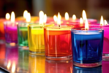 brightly colored homemade candles on a reflectively lit surface