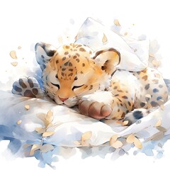 Fototapeta premium A sleepy baby leopard in a bedding, watercolor illustration.